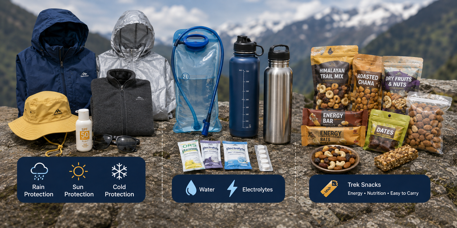 Madmaheshwar Trek packing list with backpack trekking shoes warm layers rain jacket water bottle and essentials